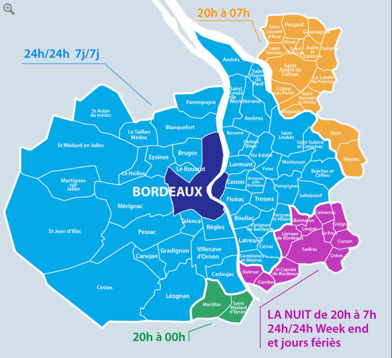 Zones couvertes par SOS Médecins Bordeaux